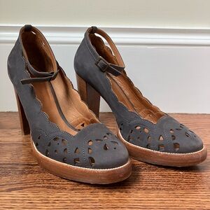 Hobbs London suede Leather ankle strap heels Italy Coquette scallop Platform 39